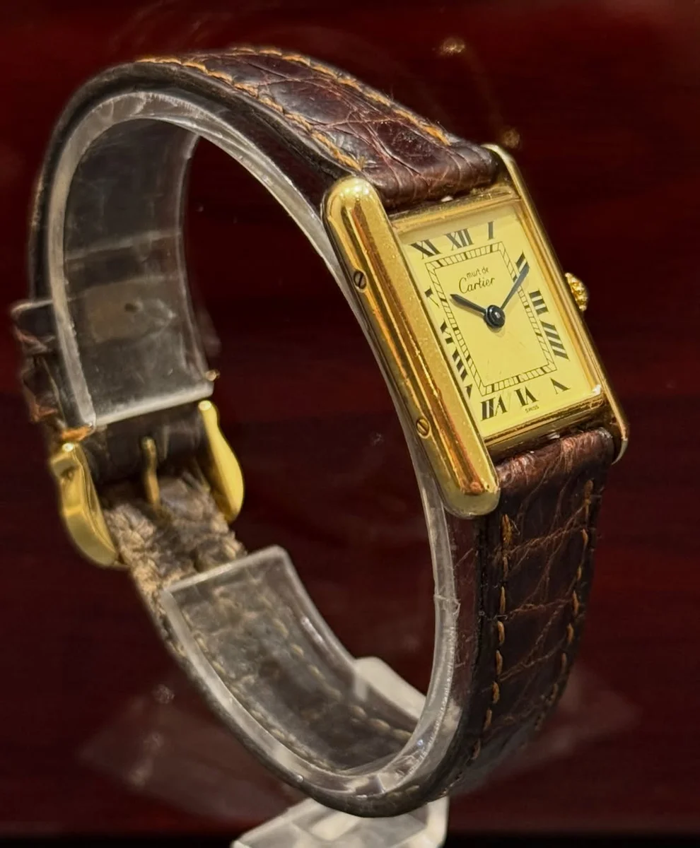 Rare Cartier Tank Ivory Large 1980 925 Silver GP Leather - Image 3