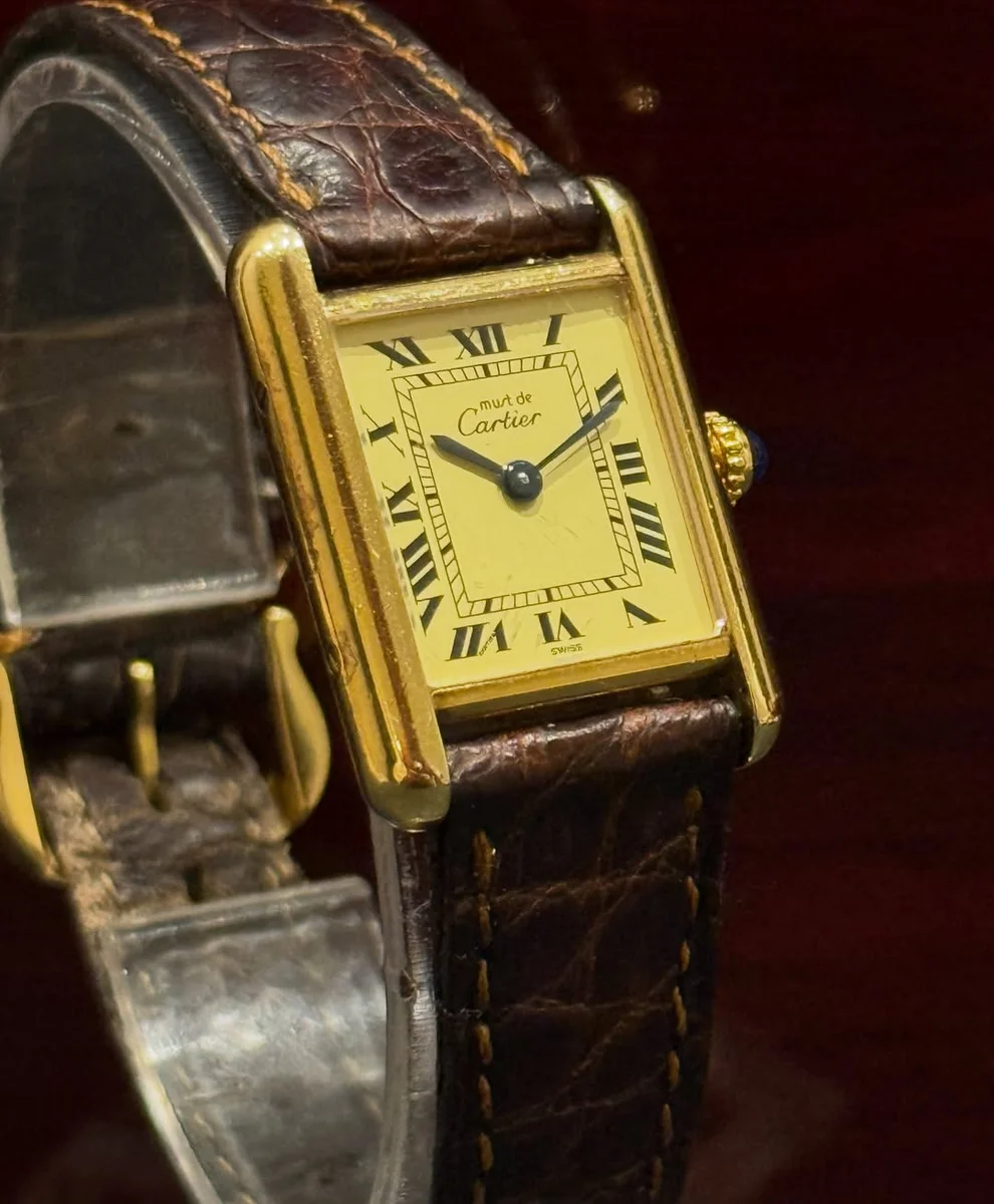 Rare Cartier Tank Ivory Large 1980 925 Silver GP Leather - Image 4