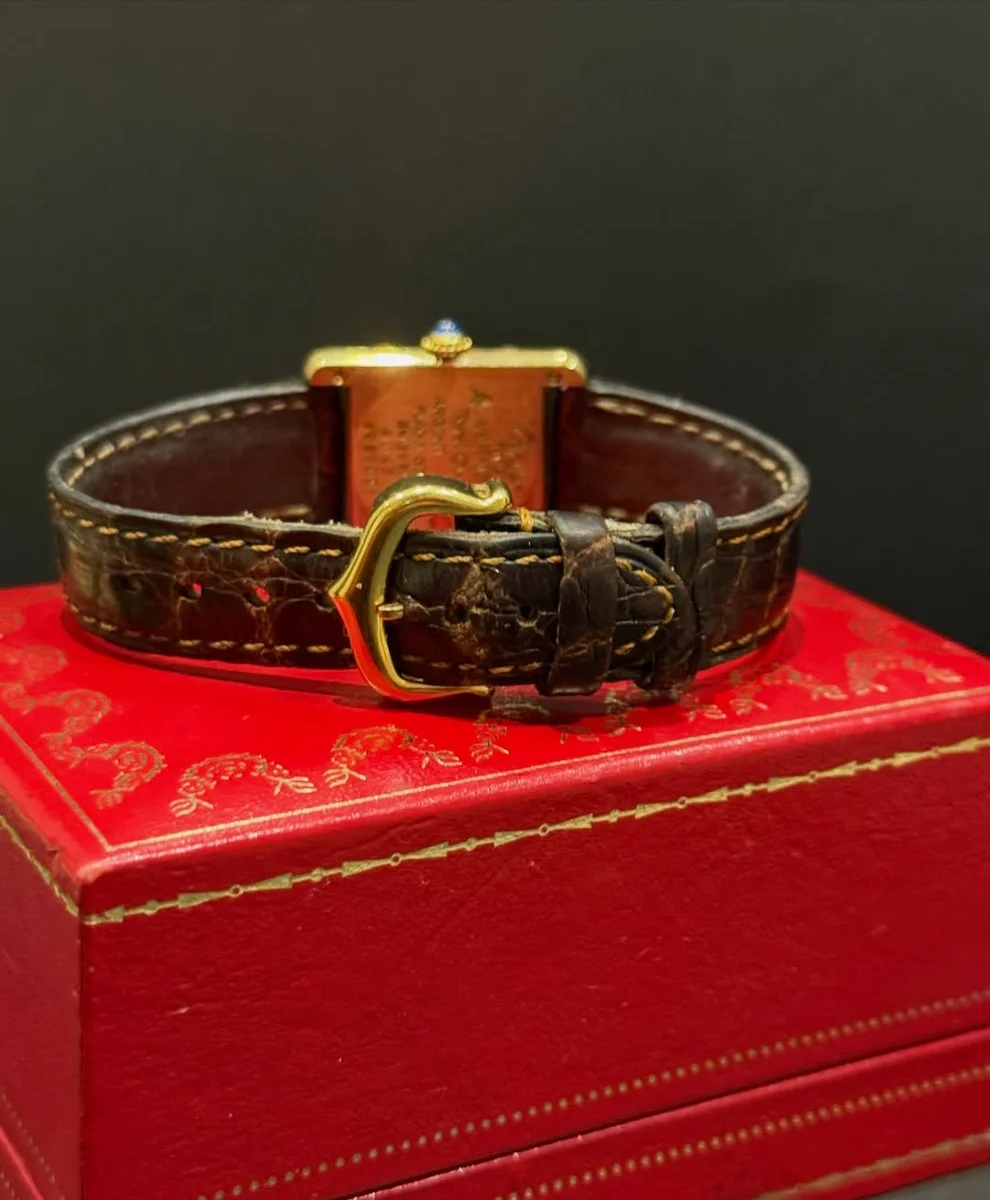 Rare Cartier Tank Ivory Large 1980 925 Silver GP Leather - Image 7